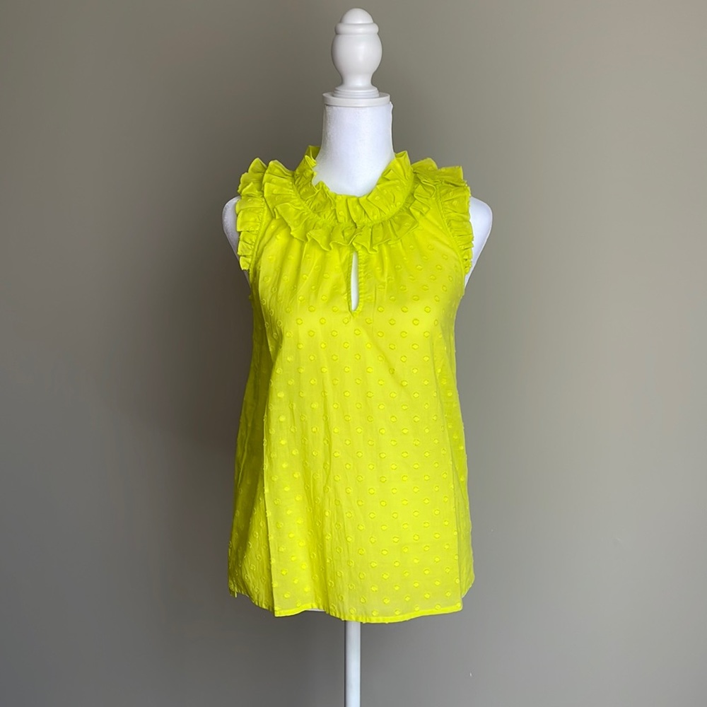 J. Crew Yellow Swiss Dot Keyhole Ruffle Sleeveless Shirt Blouse